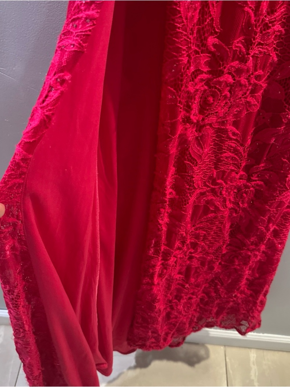 Clarisse Red Lace Beaded Spaghetti Strap Prom Gown - Picture 5 of 7